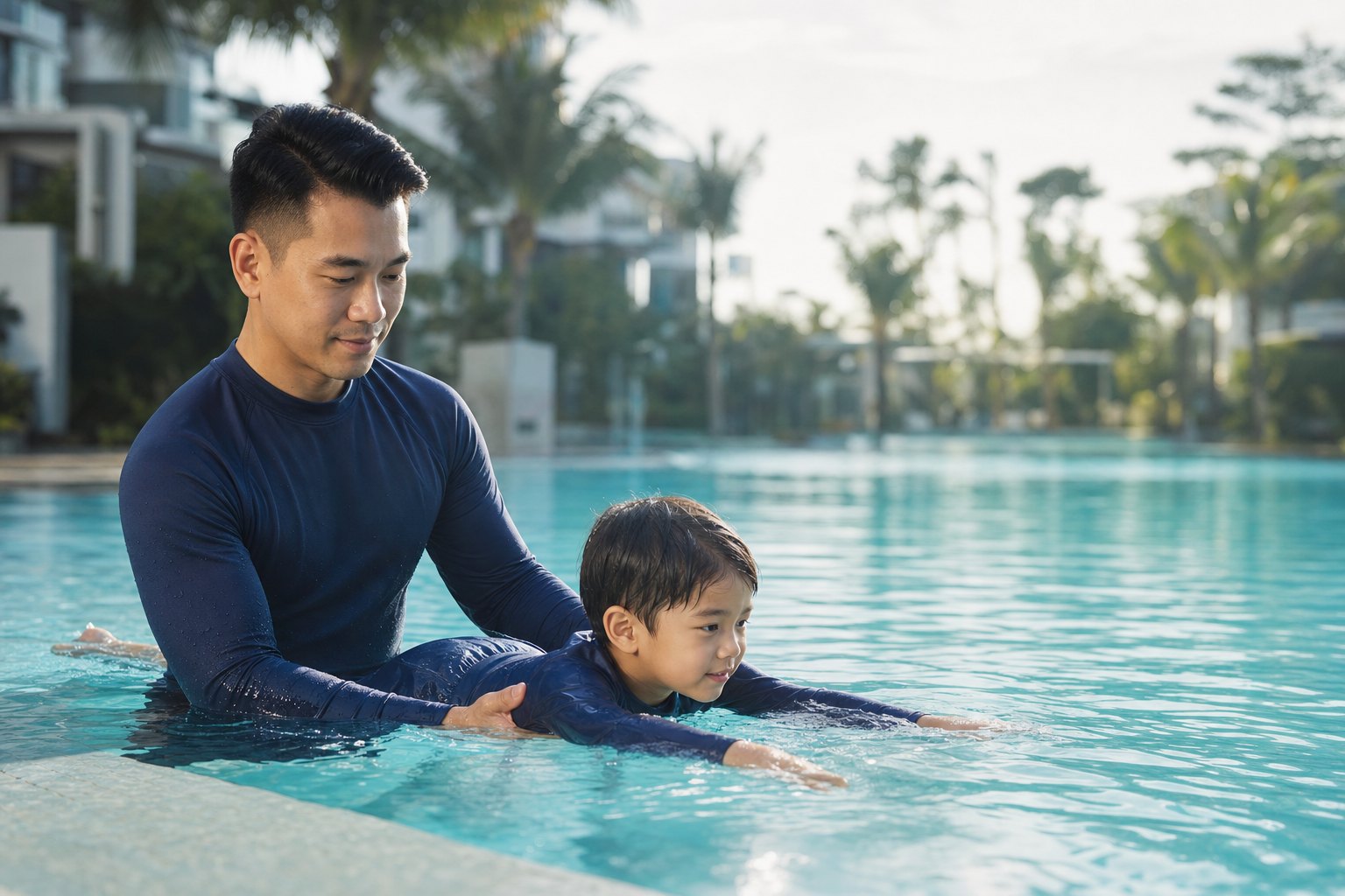 A swimming teacher supporting a young child learning to glide in a pool