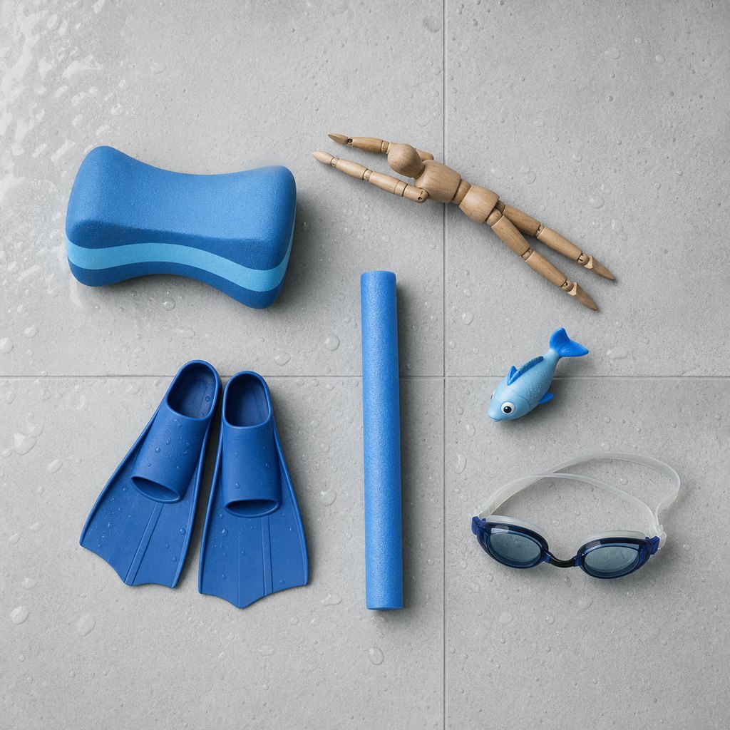 Swim teaching equipment laid out on a pool deck