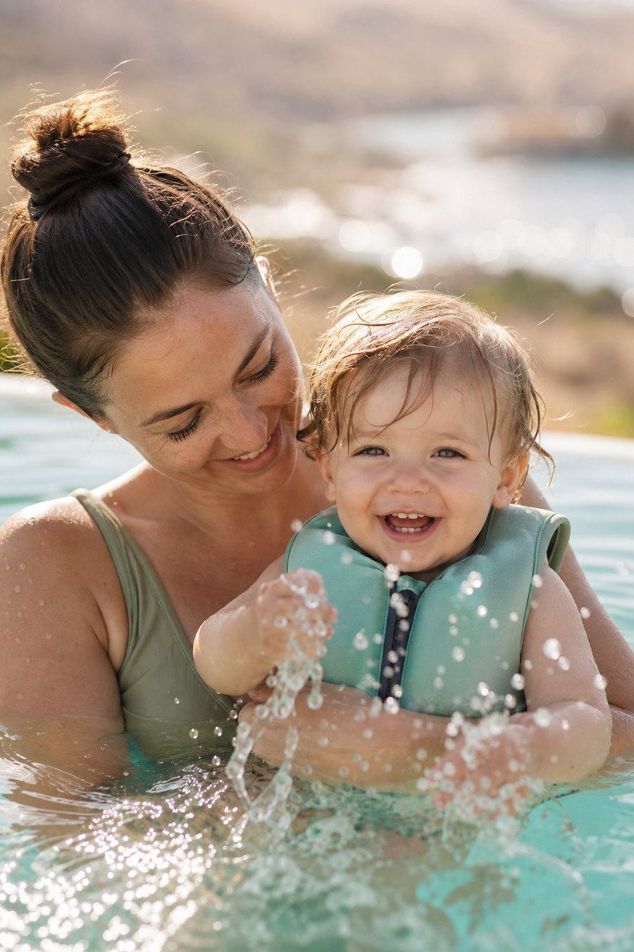 A parent holding a smiling toddler in shallow pool water
