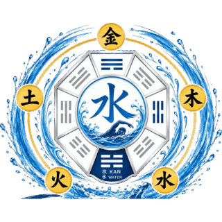 The Elements Aquatic Watersports logo - a bagua medallion ringed by the five elements around the Chinese character for water