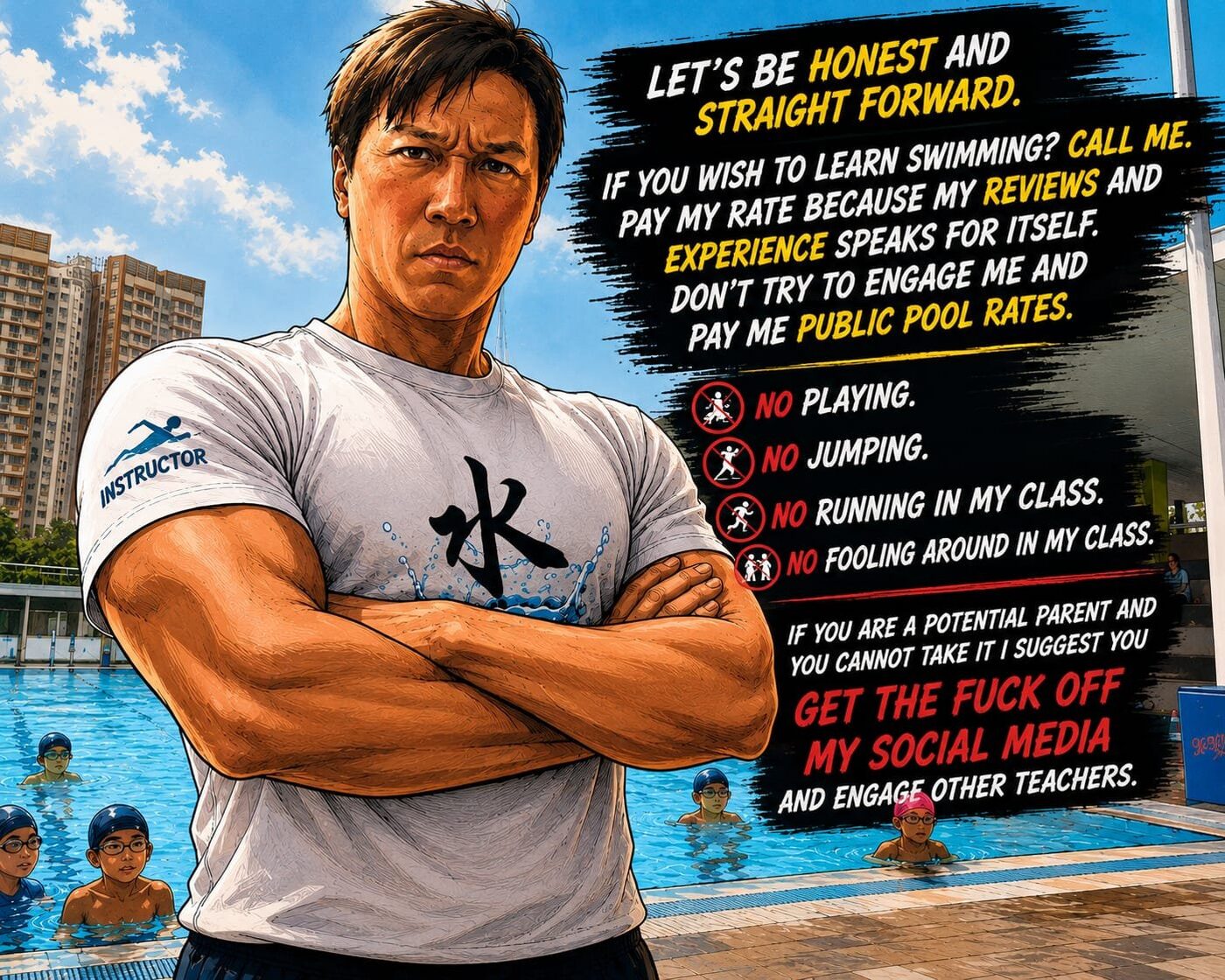 Teacher Leck poster: pay my rate because my reviews and experience speak for themselves. No playing, no jumping, no running, no fooling around in my class.