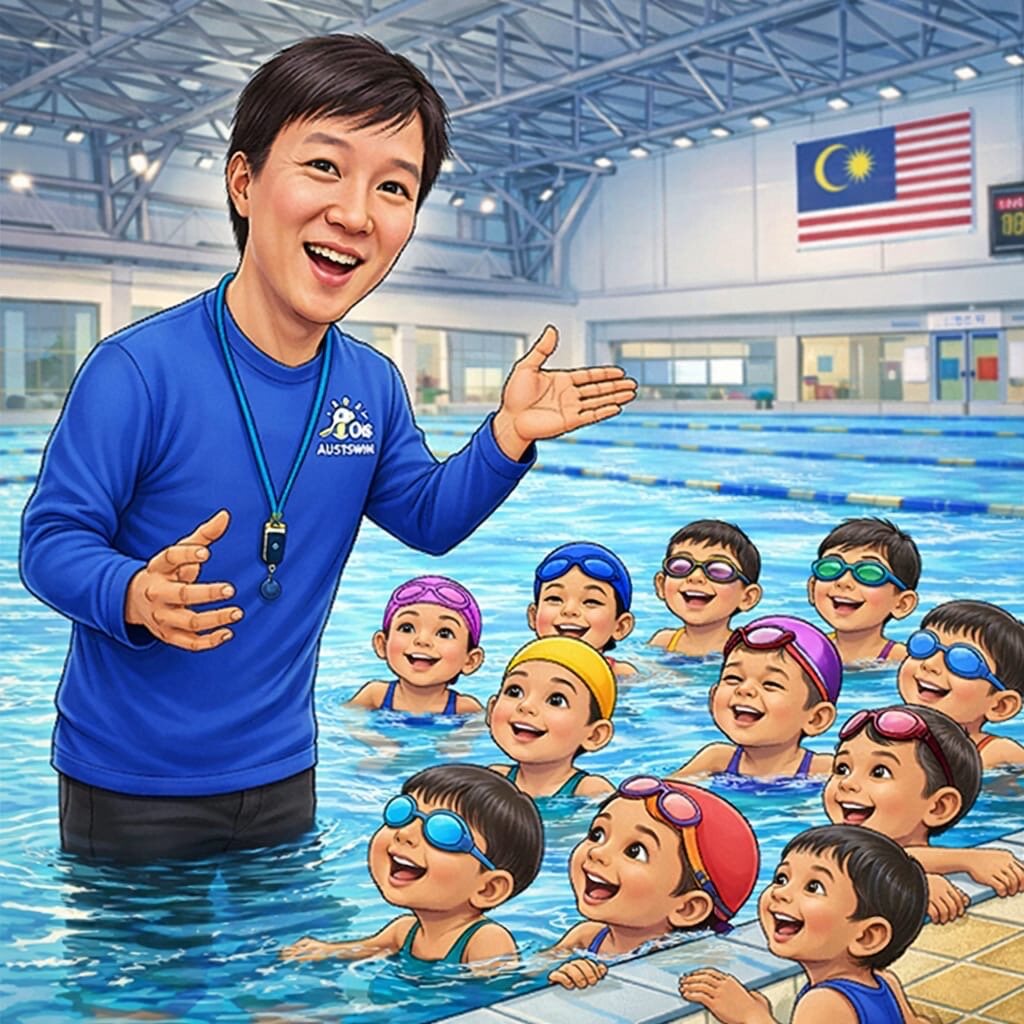 Illustration of Teacher Leck standing in the shallow end with his arms open, surrounded by smiling children in goggles