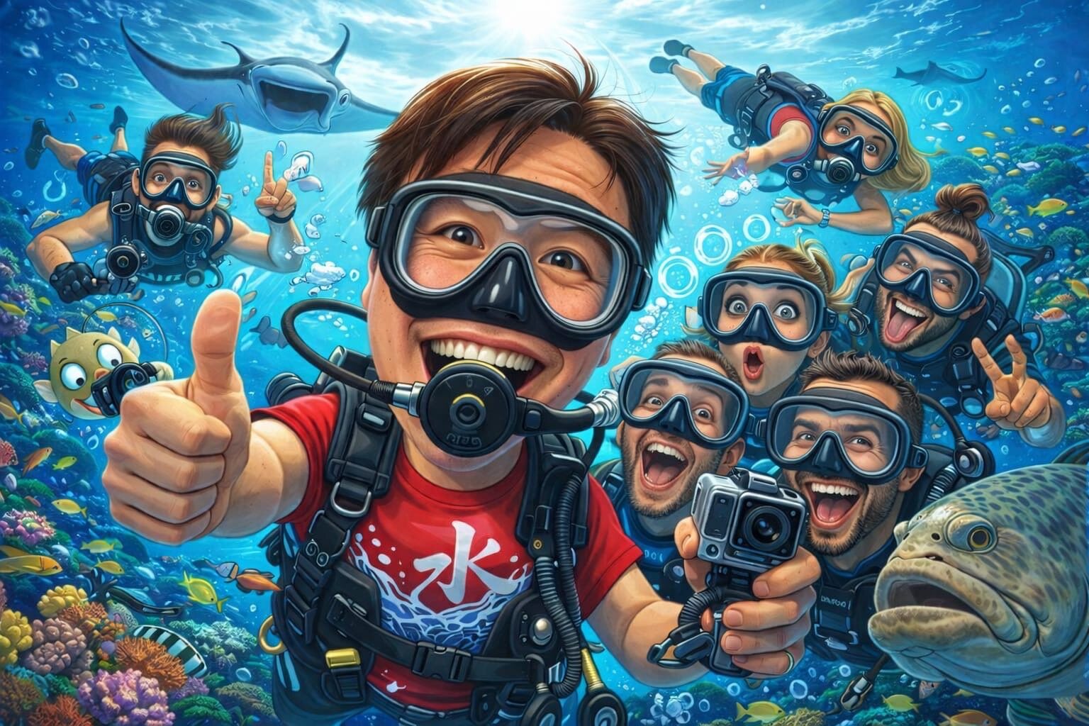 Illustration of Teacher Leck scuba diving with a thumbs up, surrounded by his dive crew and reef fish