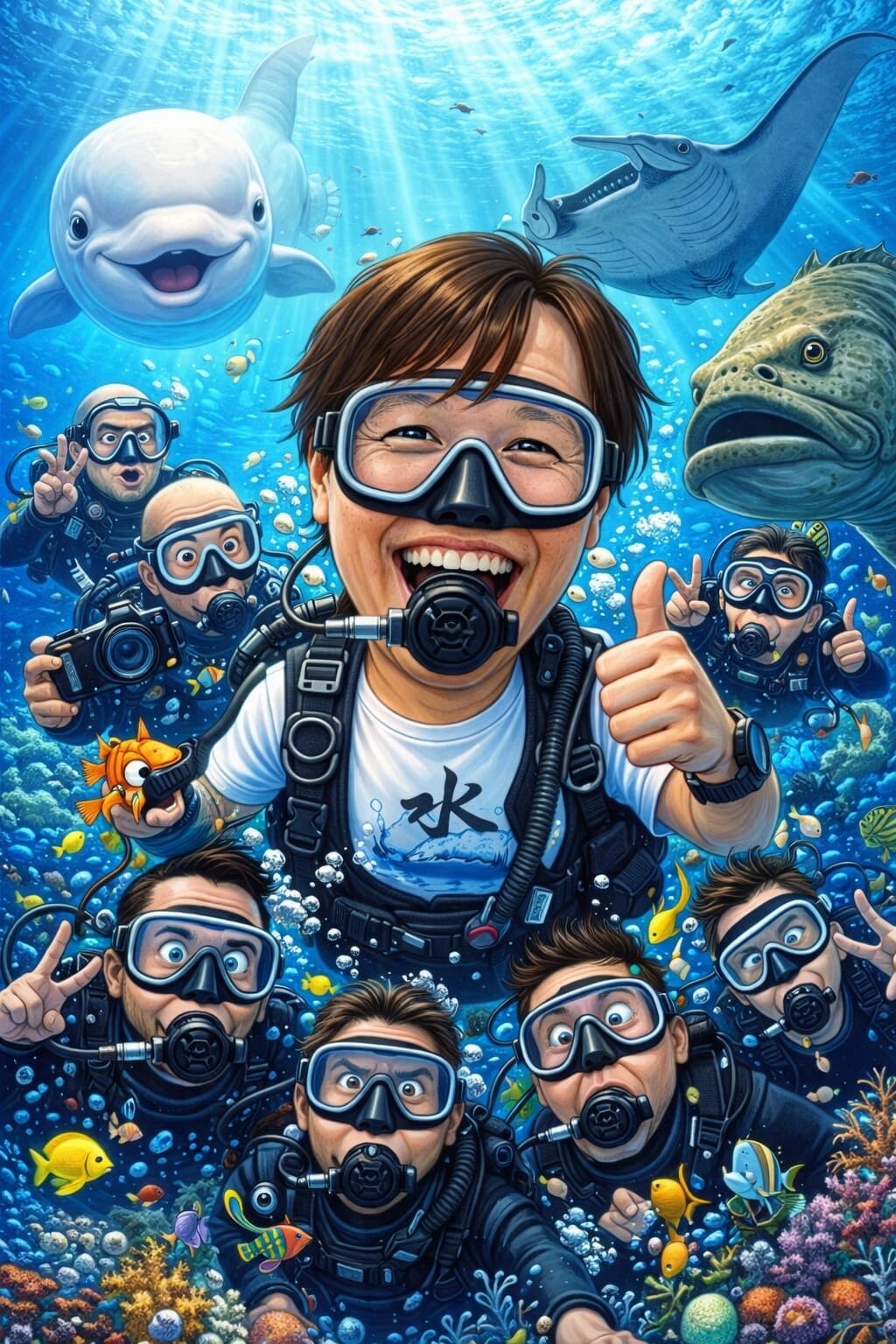 Illustration of Teacher Leck scuba diving in his water-character shirt, with a beluga, a manta ray and his dive crew behind him