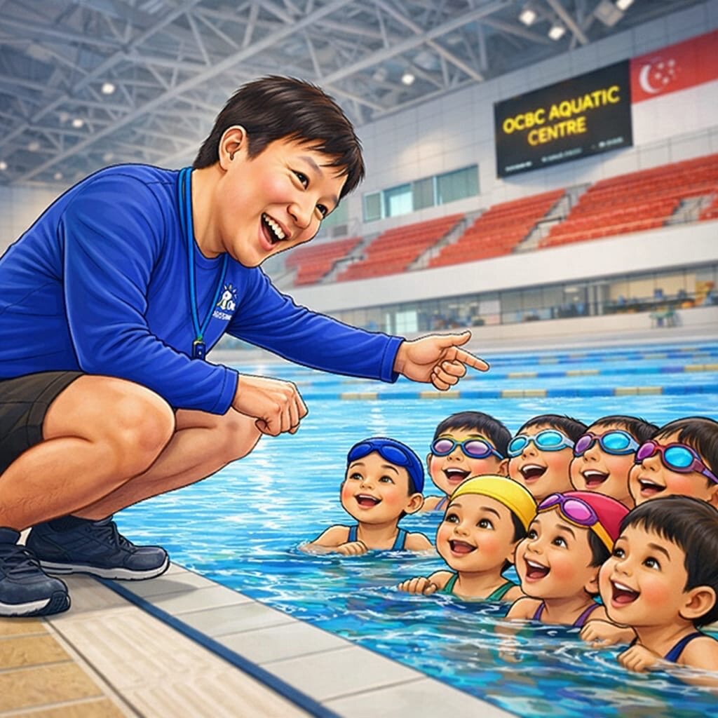 Illustration of Teacher Leck crouching at the poolside briefing a group of young children in the water