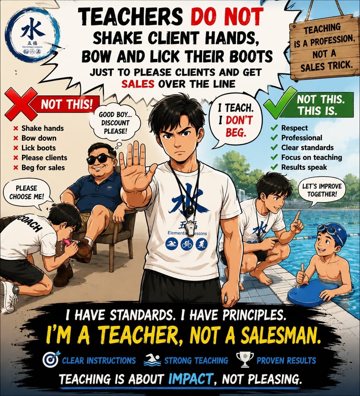 Teacher Leck poster: teachers do not shake client hands, bow and lick their boots just to please clients and get sales over the line. I have standards, I have principles. I am a teacher, not a salesman. Teaching is about impact, not pleasing.