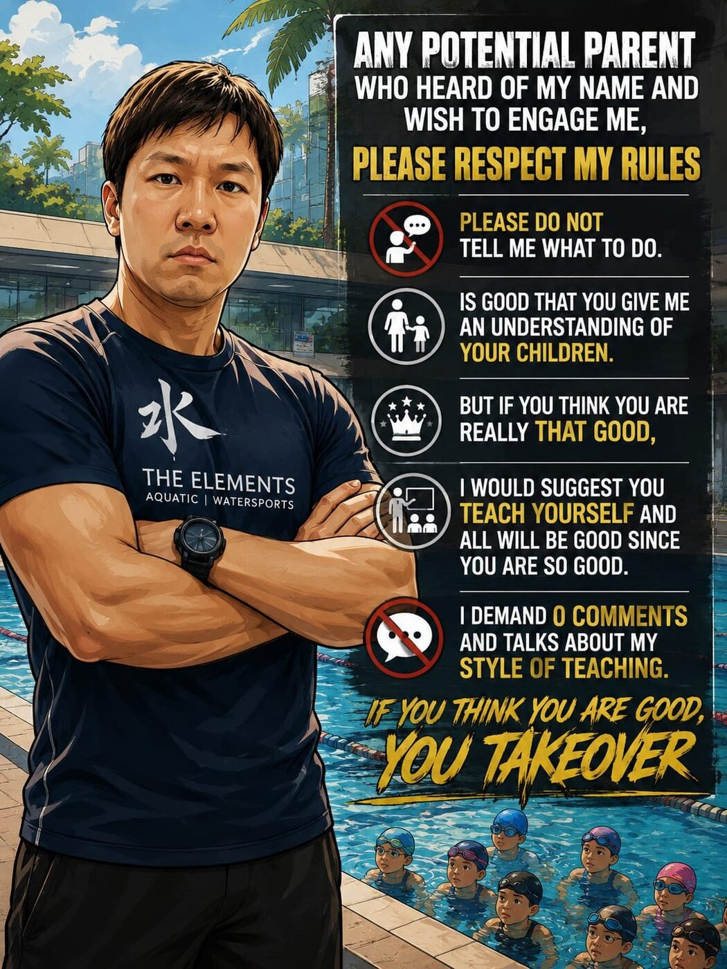 Teacher Leck poster: any potential parent who wishes to engage me, please respect my rules. Do not tell me what to do; no comments about my style of teaching.